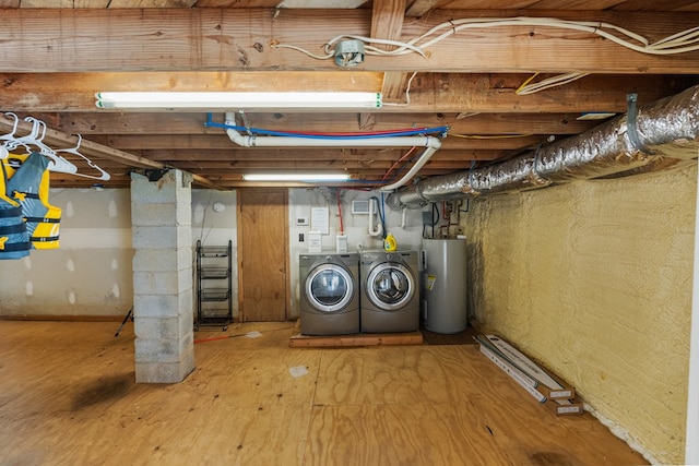 unfinished basement featuring water heater and washer and dryer