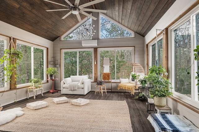 sunroom with wooden ceiling, a ceiling fan, and vaulted ceiling