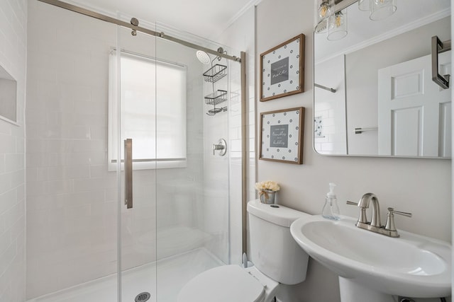 bathroom with a shower stall, toilet, crown molding, and a sink