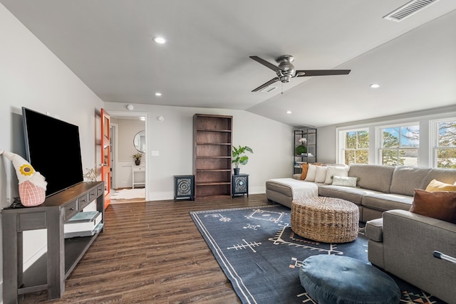 living room with visible vents, dark wood-style floors, recessed lighting, baseboards, and vaulted ceiling