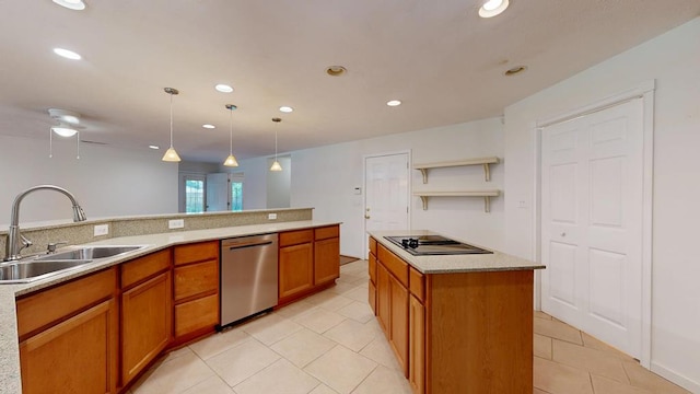 1820 Overlook St, Columbus, GA 31906 - kitchen with dishwasher, black electric stovetop, brown cabinetry, light tile patterned floors, and recessed lighting