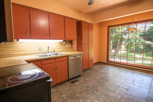 kitchen with dishwasher, sink, ceiling fan, tasteful backsplash, and decorative light fixtures