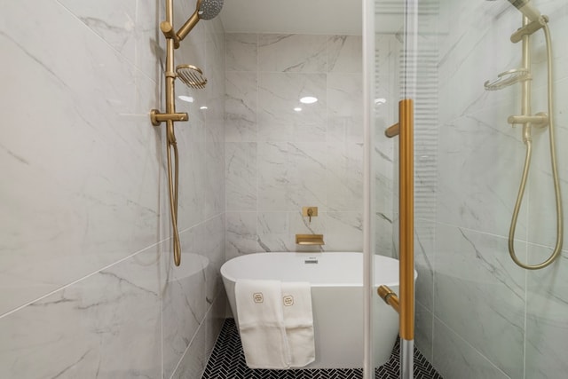 7172 Standing Boy Rd, Columbus, GA 31904 - full bath with a marble finish shower, tile walls, and a freestanding tub