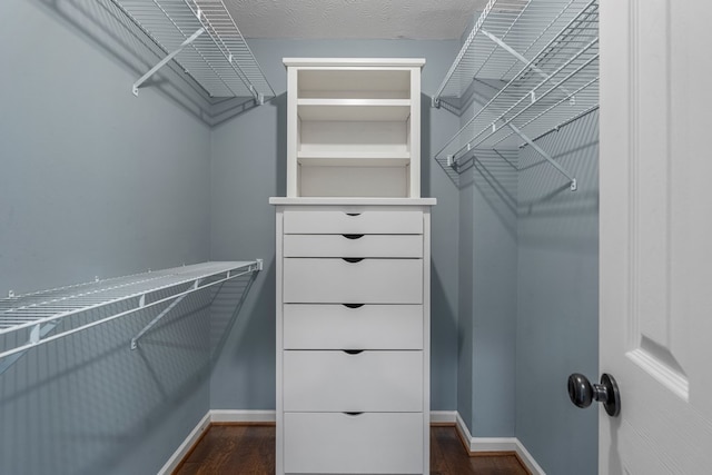 walk in closet featuring dark wood-type flooring