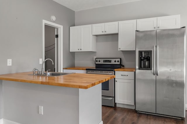 kitchen with dark wood-style flooring, a sink, stainless steel appliances, white cabinetry, and butcher block counters