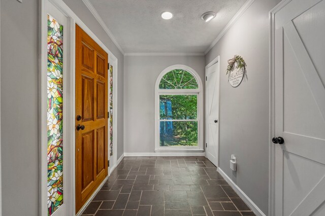 foyer with baseboards, ornamental molding, a textured ceiling, and stone tile floors