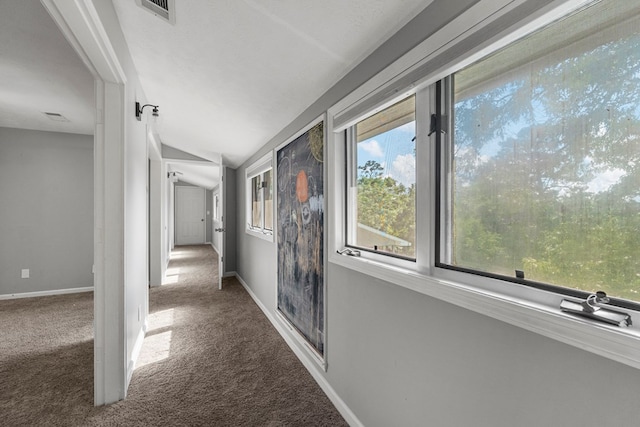 hallway featuring plenty of natural light, carpet, lofted ceiling, and visible vents