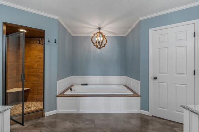 bathroom with a garden tub, concrete floors, crown molding, and a shower stall