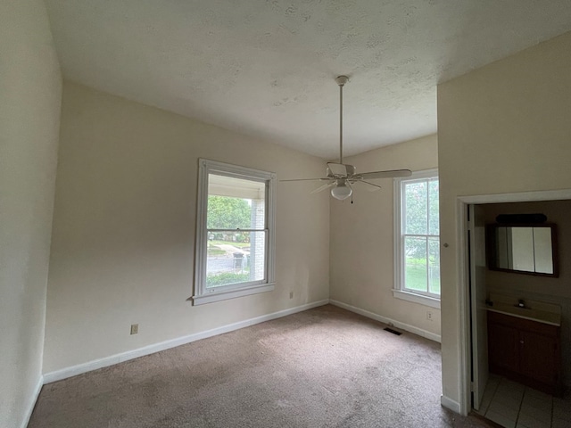 carpeted empty room with a textured ceiling, a wealth of natural light, and ceiling fan