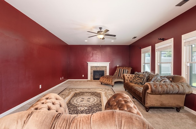 9 Red Maple St, Phenix City, AL 36869 - carpeted living room featuring ceiling fan, baseboards, a fireplace, and recessed lighting