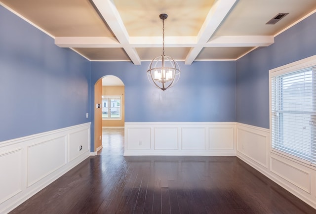 9 Red Maple St, Phenix City, AL 36869 - empty room with coffered ceiling, arched walkways, dark wood finished floors, beamed ceiling, and a wainscoted wall