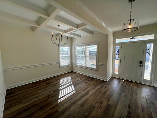 foyer entrance featuring beamed ceiling, coffered ceiling, dark hardwood / wood-style floors, and crown molding