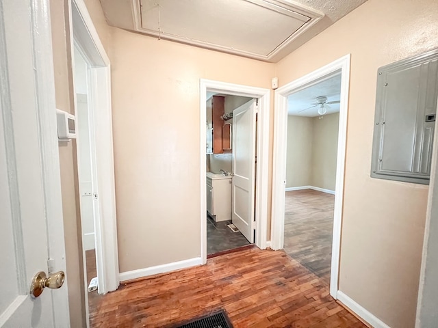 427 Bernard Dr, Columbus, GA 31903 - hall with attic access, wood finished floors, and electric panel