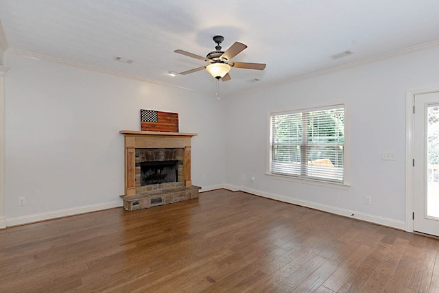 7177 Helen Dr, Columbus, GA 31904 - unfurnished living room featuring a fireplace, wood finished floors, crown molding, ceiling fan, and baseboards