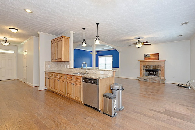 7177 Helen Dr, Columbus, GA 31904 - kitchen with stainless steel dishwasher, ceiling fan, light wood finished floors, a sink, and ornamental molding