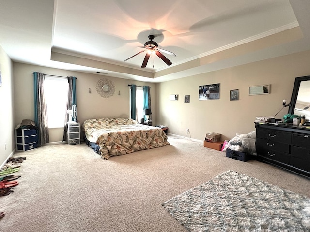 19 Pebblebrook Ln, Fort Mitchell, AL 36856 - bedroom with a raised ceiling, multiple windows, carpet floors, crown molding, and ceiling fan