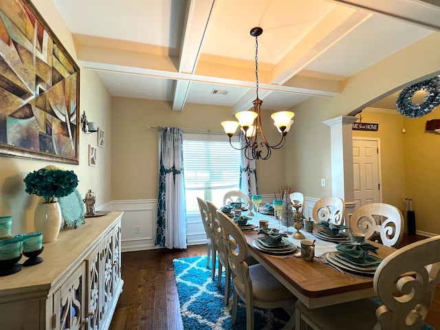19 Pebblebrook Ln, Fort Mitchell, AL 36856 - dining area with coffered ceiling, dark wood-style flooring, a wainscoted wall, beam ceiling, and a chandelier