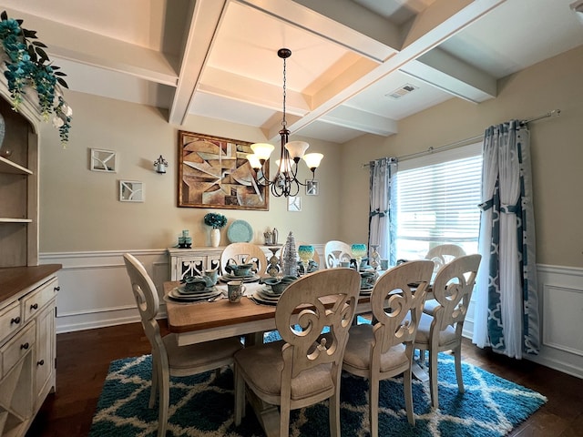 19 Pebblebrook Ln, Fort Mitchell, AL 36856 - dining area featuring coffered ceiling, wainscoting, dark wood-style floors, a chandelier, and beam ceiling