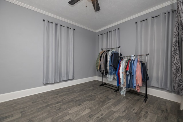 bedroom with ceiling fan, dark hardwood / wood-style flooring, a textured ceiling, and ornamental molding