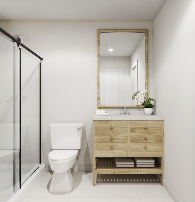 bathroom featuring tile patterned flooring, toilet, vanity, baseboards, and a stall shower