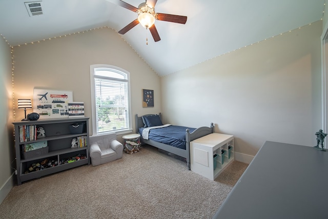 bedroom featuring carpet flooring, ceiling fan, and lofted ceiling