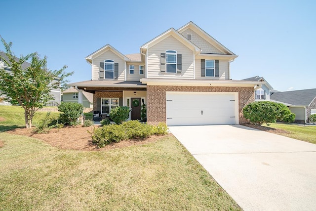 craftsman-style home with a front lawn and a garage