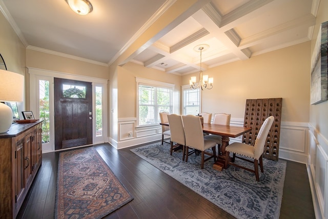 dining room with beamed ceiling, crown molding, dark wood-type flooring, and a wealth of natural light