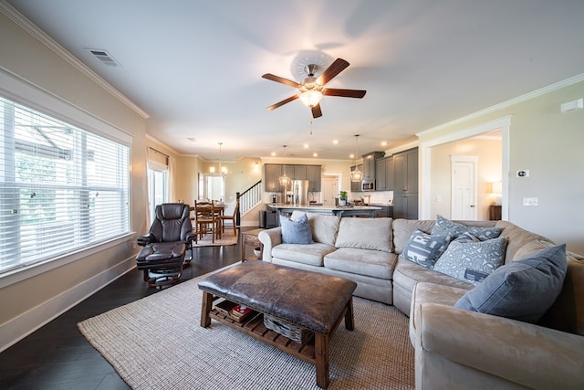 living room with dark wood-type flooring, ceiling fan with notable chandelier, and ornamental molding