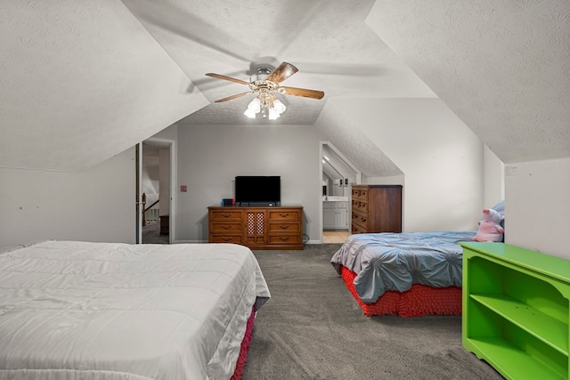 5043 Spyglass Ct, Columbus, GA 31909 - bedroom with a textured ceiling, carpet flooring, lofted ceiling, and a ceiling fan
