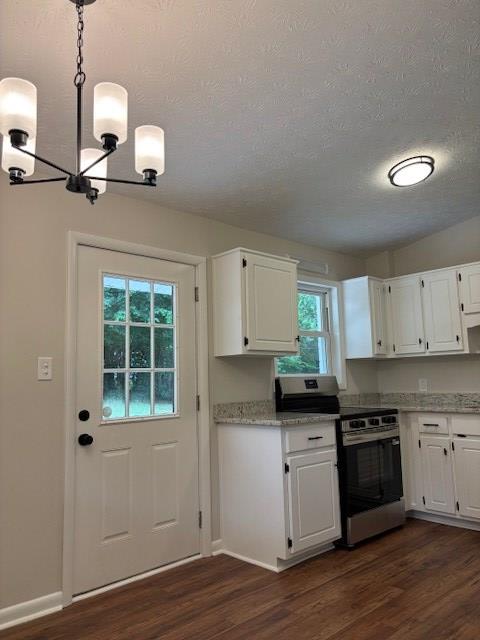 5435 Mariner Dr, Columbus, GA 31909 - kitchen featuring electric stove, dark wood-type flooring, white cabinets, a textured ceiling, and a chandelier