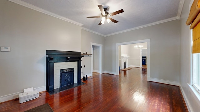unfurnished living room with a fireplace with flush hearth, wood finished floors, ceiling fan, a chandelier, and baseboards