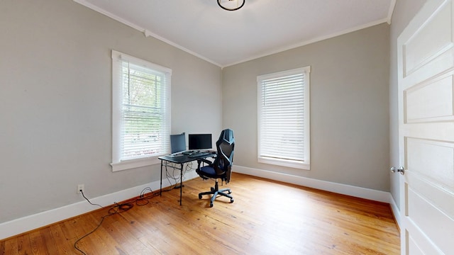 office space with crown molding, baseboards, and wood finished floors