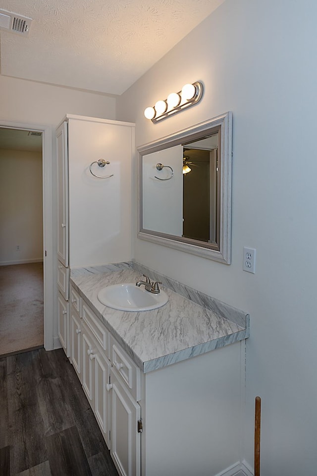 bathroom featuring hardwood / wood-style flooring, vanity, and a textured ceiling