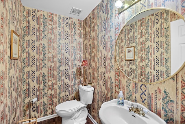 bathroom featuring wood-type flooring, toilet, and sink