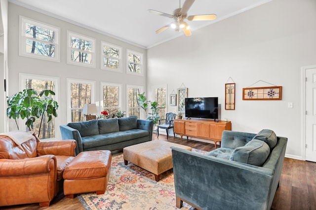 living room featuring ceiling fan, crown molding, a towering ceiling, and hardwood / wood-style flooring