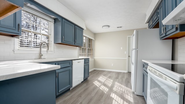 6847 Fawndale Dr, Columbus, GA 31904 - kitchen featuring blue cabinets, exhaust hood, white appliances, light wood-style flooring, and backsplash