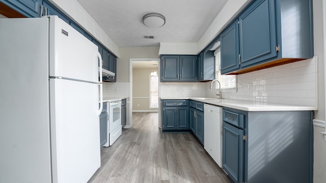 6847 Fawndale Dr, Columbus, GA 31904 - kitchen featuring blue cabinetry, white appliances, light wood-type flooring, light countertops, and backsplash