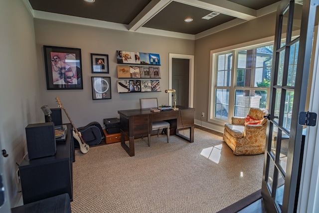719 Harris Rd, Cataula, GA 31804 - home office featuring carpet, recessed lighting, and beamed ceiling