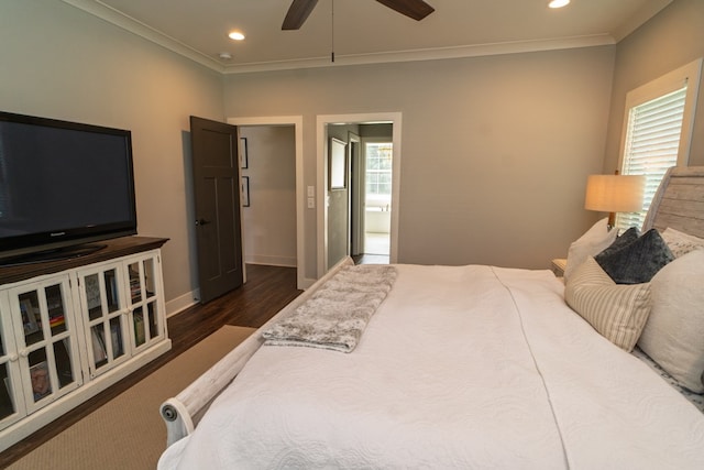 719 Harris Rd, Cataula, GA 31804 - bedroom featuring multiple windows, crown molding, recessed lighting, dark wood-style floors, and ceiling fan