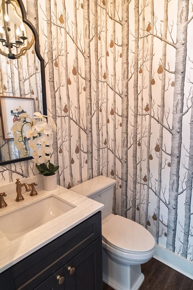 719 Harris Rd, Cataula, GA 31804 - bathroom with vanity, wood finished floors, and a chandelier