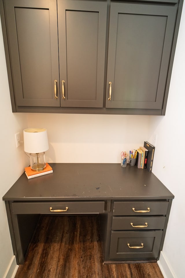 719 Harris Rd, Cataula, GA 31804 - kitchen with dark wood-type flooring, built in desk, gray cabinetry, and dark countertops