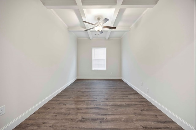 unfurnished room featuring beam ceiling, ceiling fan, coffered ceiling, and dark hardwood / wood-style floors