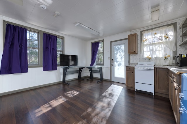 kitchen with a healthy amount of sunlight, dark hardwood / wood-style floors, and white range with electric stovetop