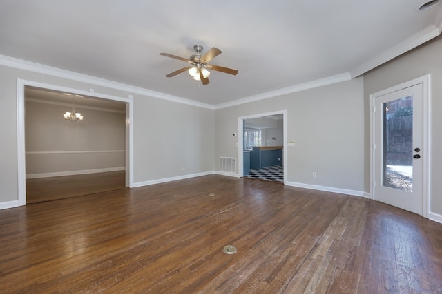 unfurnished living room featuring crown molding, a healthy amount of sunlight, dark hardwood / wood-style floors, and ceiling fan with notable chandelier