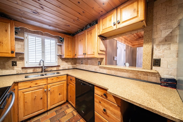 kitchen featuring stainless steel electric range oven, sink, wooden ceiling, black dishwasher, and light stone counters