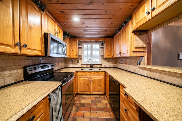 kitchen with sink, backsplash, wood ceiling, and black appliances