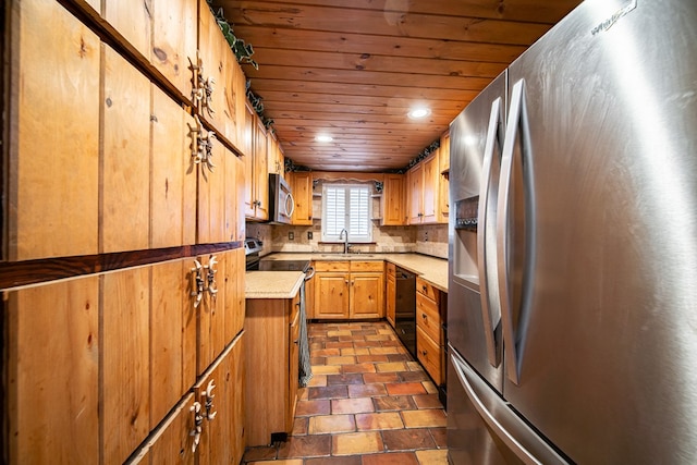 kitchen with backsplash, sink, wooden ceiling, and appliances with stainless steel finishes