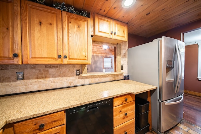 kitchen with dishwasher, stainless steel fridge with ice dispenser, dark hardwood / wood-style flooring, light stone counters, and decorative backsplash