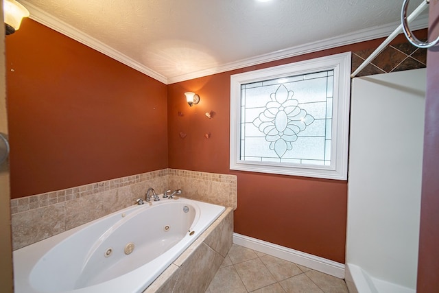 bathroom featuring tiled tub, crown molding, tile patterned flooring, and a textured ceiling