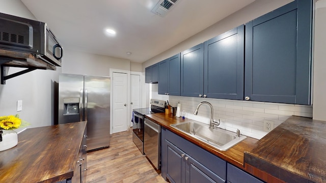 kitchen featuring light wood-type flooring, stainless steel appliances, blue cabinets, and butcher block counters